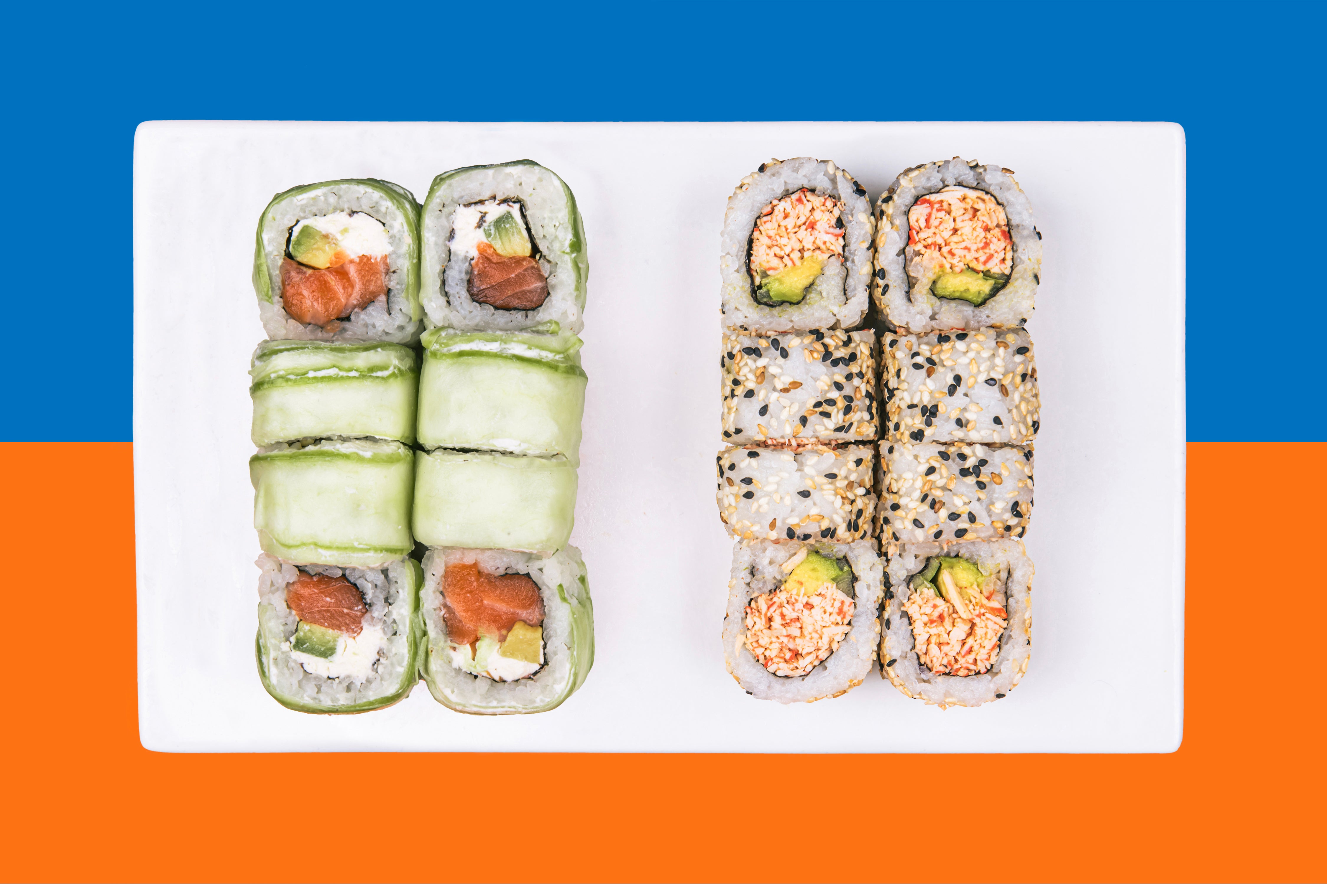 Cucumber and salmon roll + California crab with sesame seeds